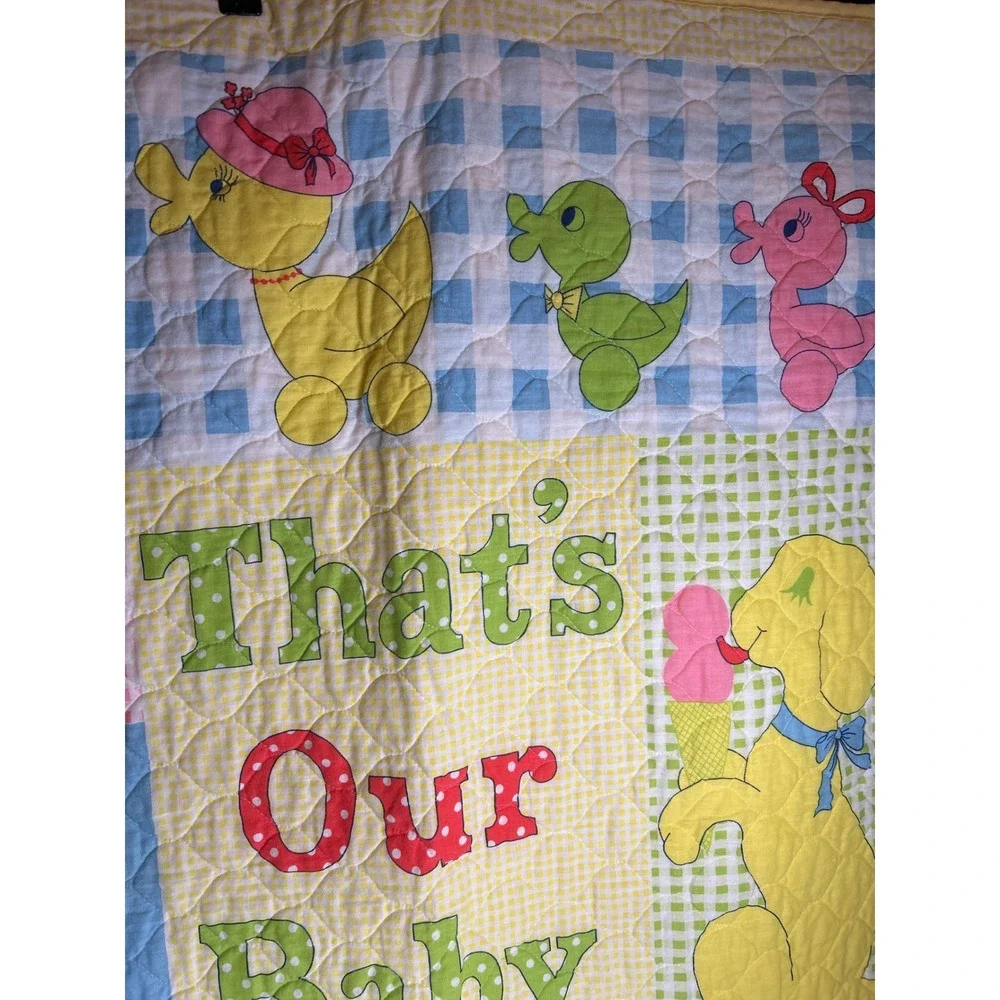 Baby Quilt Blanket That's Our Baby Teddy Bear‎ Bunny Ducks Train VINTAGE Yellow